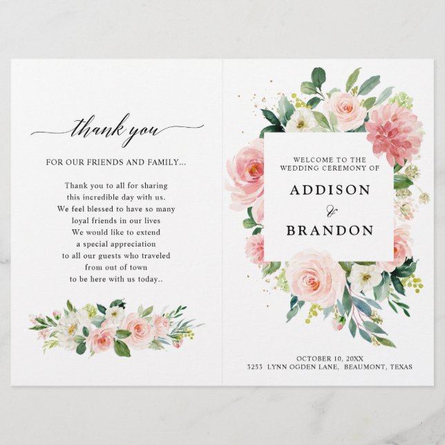 Programa Bonito de Casamento Botânico Rosa-Rosa Pa (Frente)