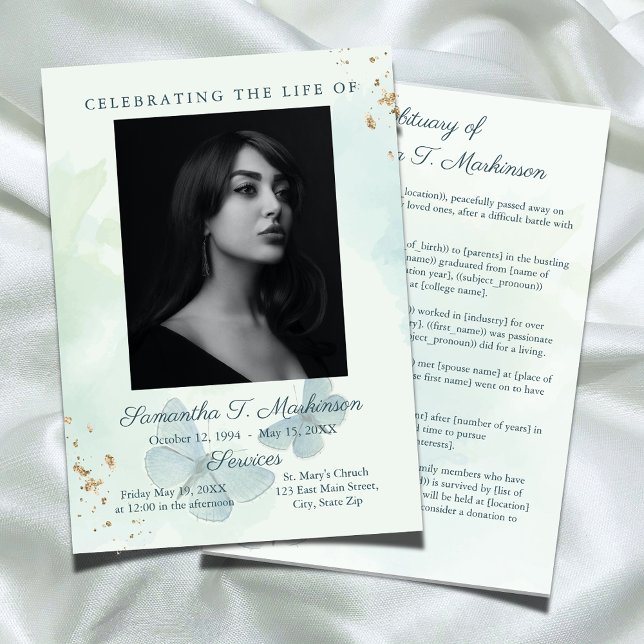 Programa Borboleta de Aquarela Verde Obituário Funeral (Criador carregado)