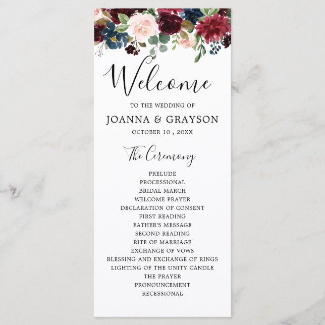 Programa Borgonha Marinho Blush Blue Boho Botânico Floral (Frente)