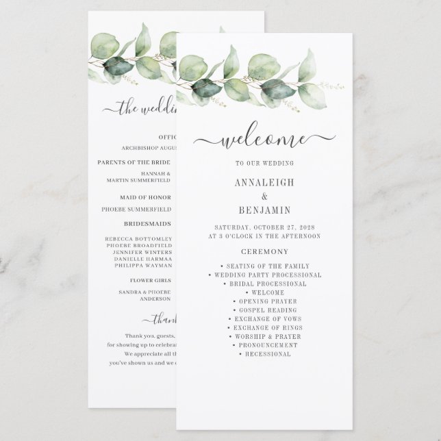 Programa Botânico Eucalyptus Greenery Weding (Frente/Verso)