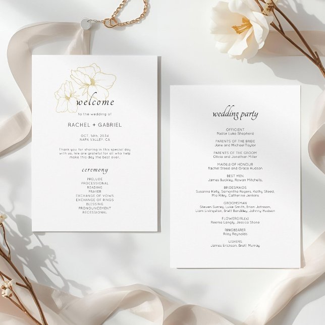 Programa Branca | Casamento Floral Dourado Chic Faux (Criador carregado)