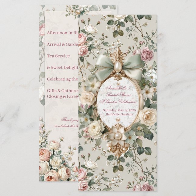Programa Bridal Shower Program Card | Romantic Blush Rose (Frente/Verso)
