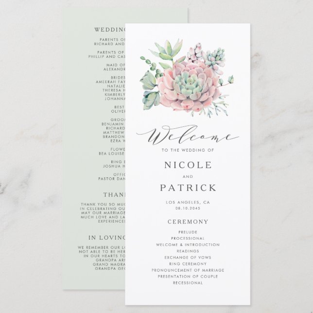 Programa Buquê de Suculentas Pastel Aquarela Casamento (Frente/Verso)