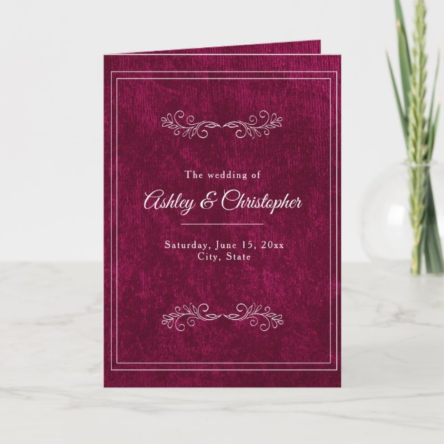 Programa Burgundy Berry Velvet White Folded Wedding Program (Frente)