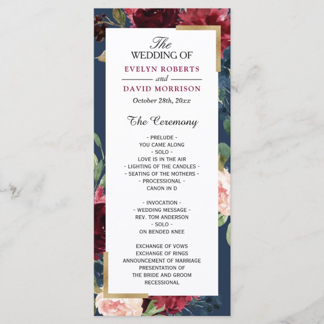 Programa Burgundy Blush Floral Marinho Blue Wedage Program (Frente)