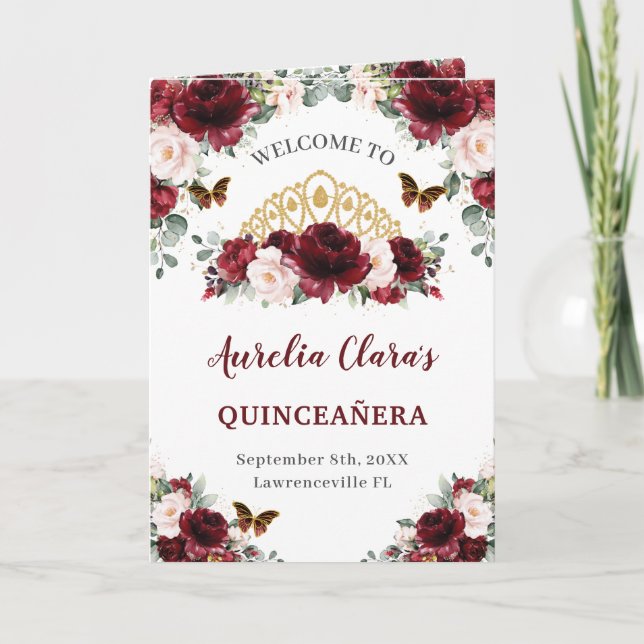Programa Burgundy Blush Floral Quinceañera Ordem dos Aconte (Frente)