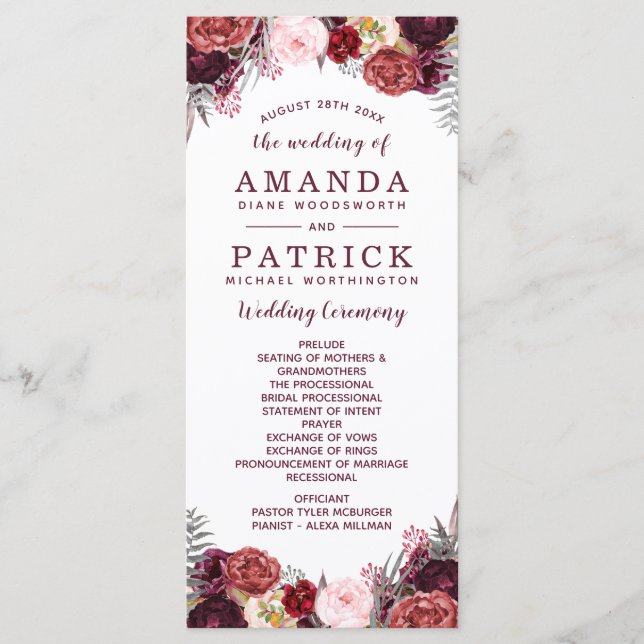 Programa Burgundy Fall Marsala Blush Peony Wedding Programs (Frente)
