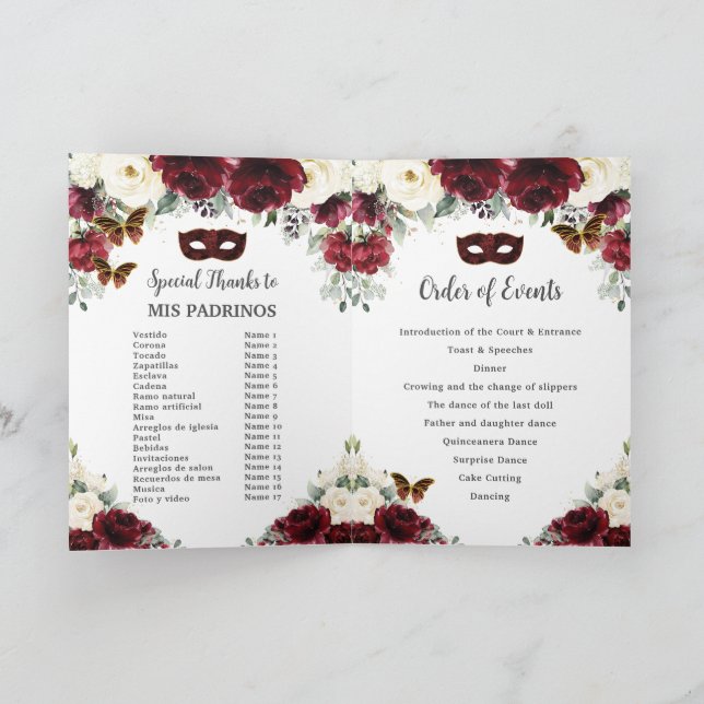 Programa Burgundy Ivory Floral Dourada Quinceañera Mascarad (Interior)