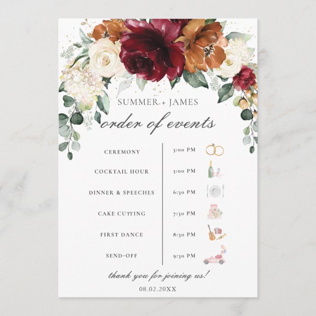 Programa Burgundy Ivory Rust Floral Wedding Order of Event  (Frente)