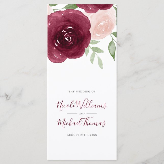 Programa Burgundy Watercolor Floral Wedment (Frente)