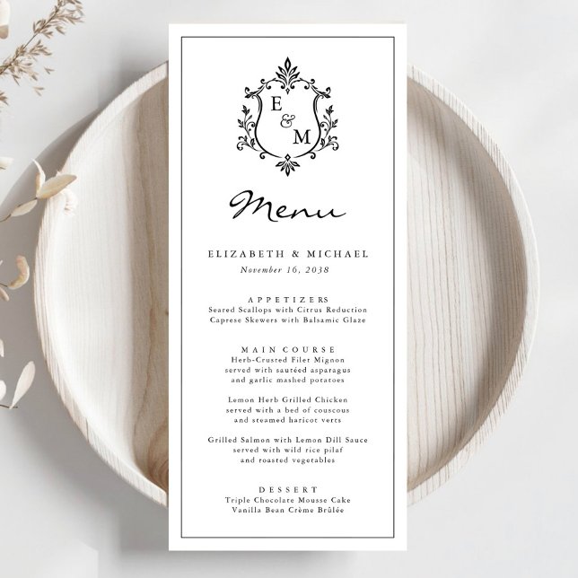 Programa Cardápio de Casamento com Crista de Monograma Eleg (Elegant Monogram Crest Wedding Menu)