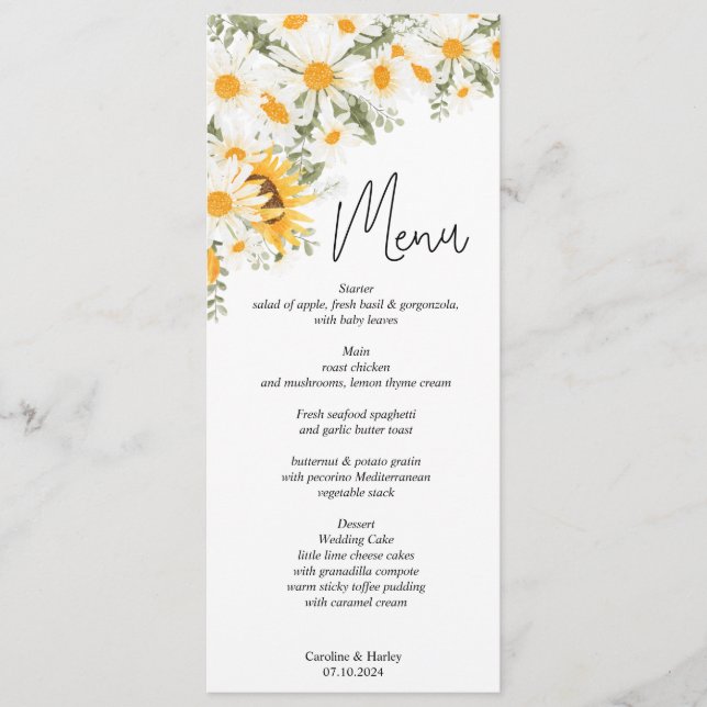 Programa Cardápio de Casamento Elegante Girassol Margarida (Frente)
