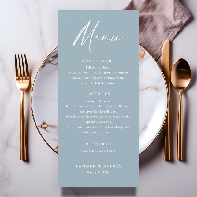 Programa Cardápio de Casamento em Azul Empoeirado com Letra (Modern script simple dusty blue wedding menu.
)