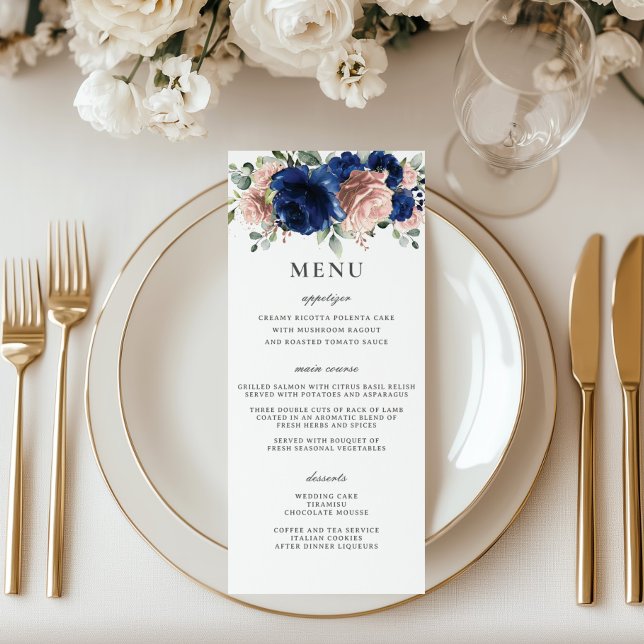 Programa Cardápio de casamento floral em azul naval e doura (Criador carregado)
