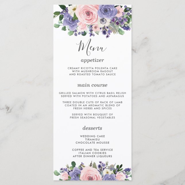 Programa Cardápio de Casamento Floral Rosa Lavanda Roxo (Frente)