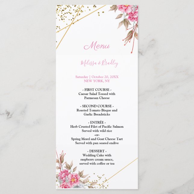 Programa Cardápio de Casamento Floral Rosa Quadro Geométric (Frente)