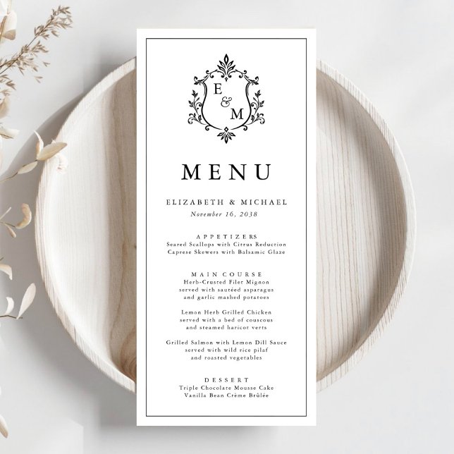 Programa Cardápio de Noite de Casamento com Crista de Monog (Elegant Monogram Crest Wedding Menu)