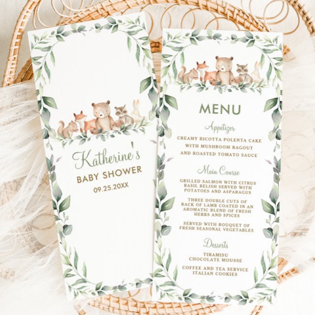 Programa Cardápio do Chá de fraldas do Cerrado (woodland animals greenery bear fox raccoon squirrel rabbit gender neutral baby shower birthday menu)