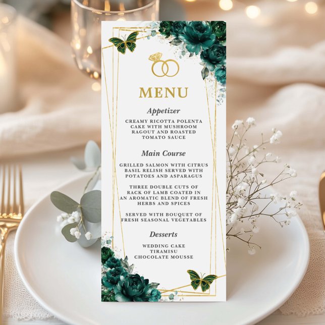 Programa Cardápio Fino de Casamento Borboletas Florais Verd (emerald-green-floral-gold-geometric-butterflies-slim-menu-cards-for-wedding-intertwined-gold-rings)