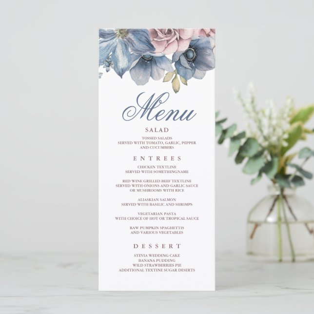 Programa Cardápios de Casamento Modernos Florais Azul Empoe (Em pé/Frente)