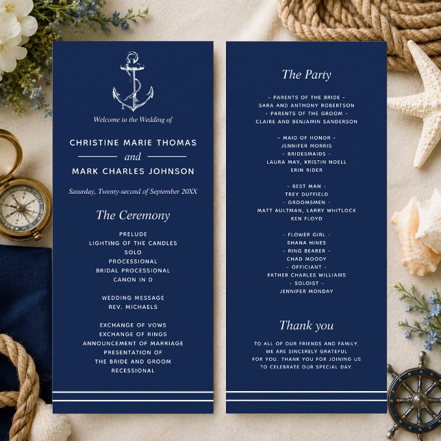 Programa Casamento Âncora Branca Náutica Marinha (A nautical themed program perfect for beach weddings and weddings by the sea! )