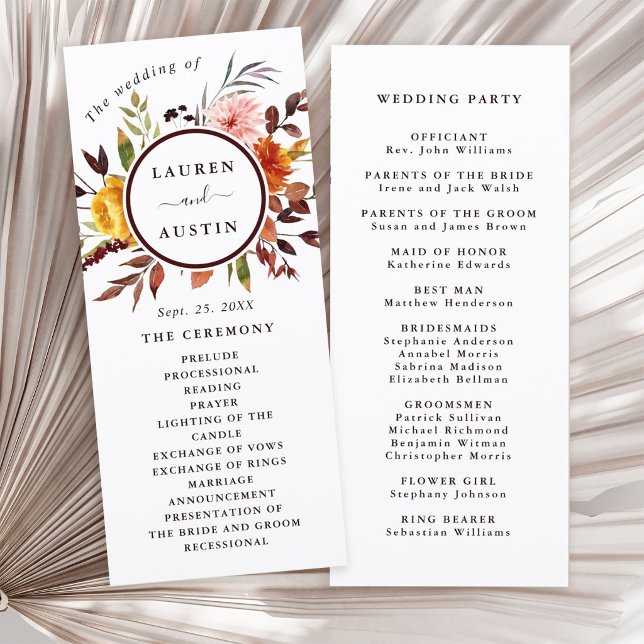 Programa Casamento Aquarela Jardim Outonal Marsala (Front & Back)