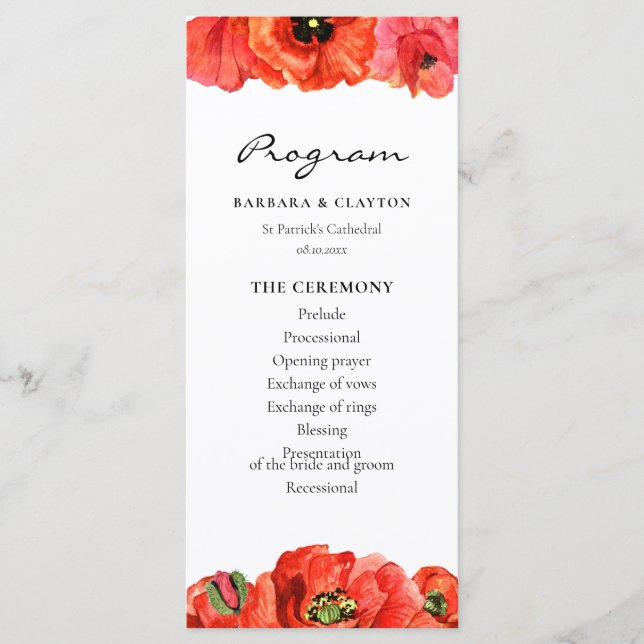 Programa Casamento aquarela papoulas vermelhas (Frente)