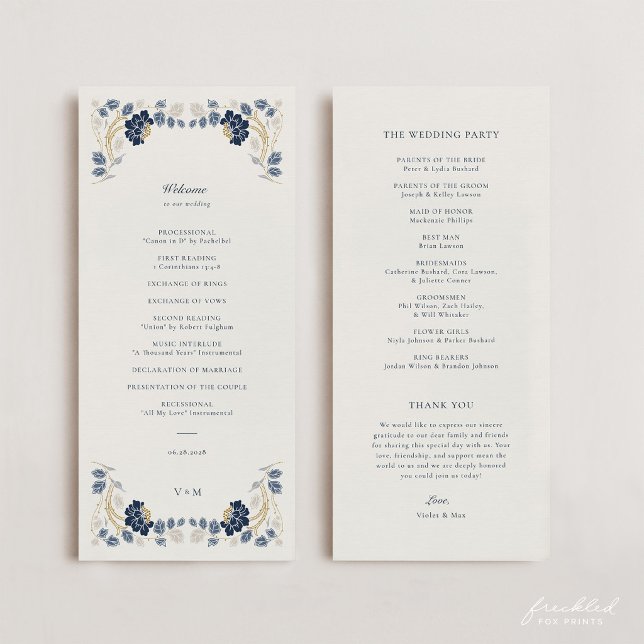 Programa Casamento Art Nouveau Floral Azul Naval Dourado (Navy Blue and Gold Art Nouveau Wedding Program)