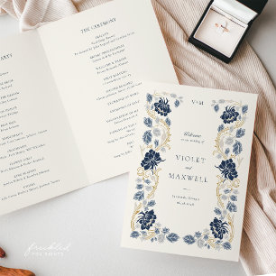 Programa Casamento Art Nouveau Floral Azul Naval Dourado
