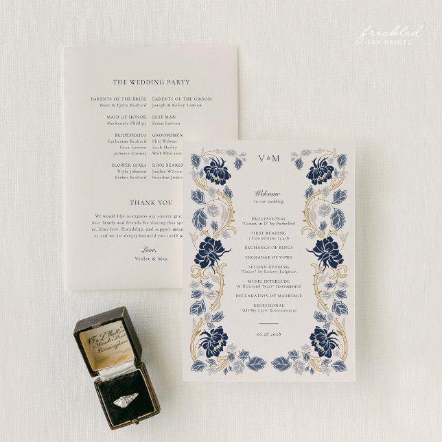 Programa Casamento Art Nouveau Floral Azul Naval Dourado (Navy and Gold Floral Art Nouveau Wedding Program)