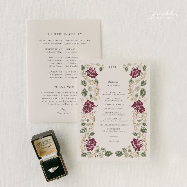Programa Casamento Art Nouveau Floral Borgonha (Burgundy Floral Art Nouveau Wedding Program)