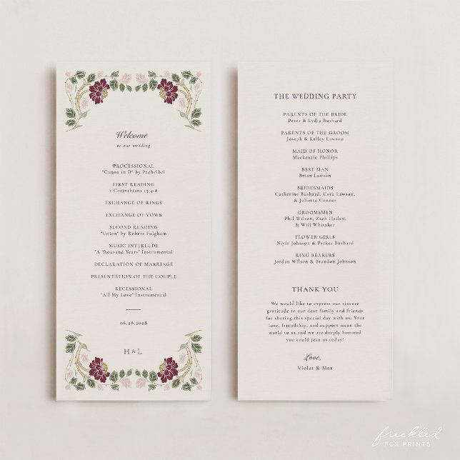 Programa Casamento Art Nouveau Floral Borgonha (Burgundy floral Art Nouveau Wedding Program)