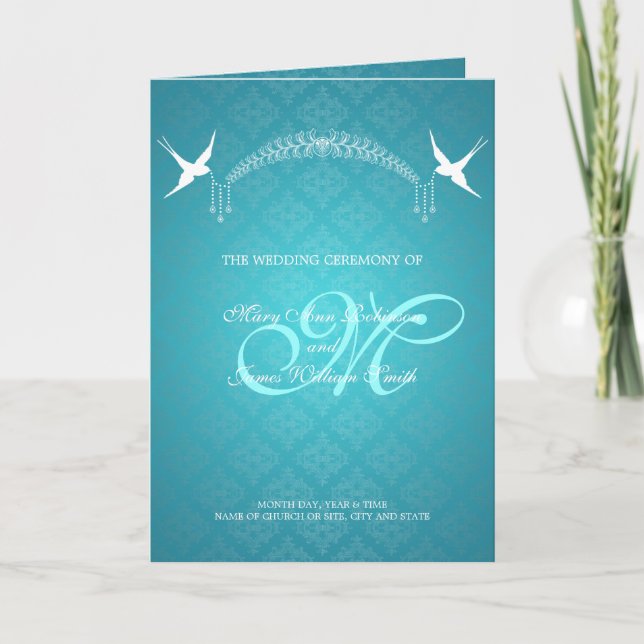 Programa Casamento Aves Monograma Turquesa (Frente)