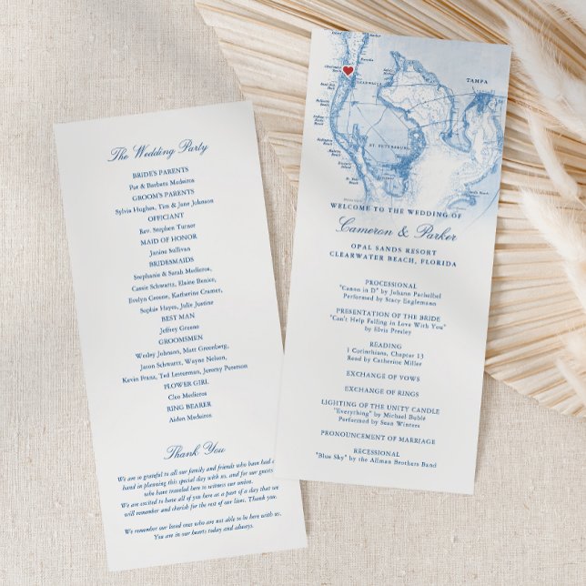 Programa Casamento Azul do Mapa Elegante do Marinho da Prai (Clearwater Beach FL Wedding Program in Elegant Navy Blue from Coastal Map Designs)