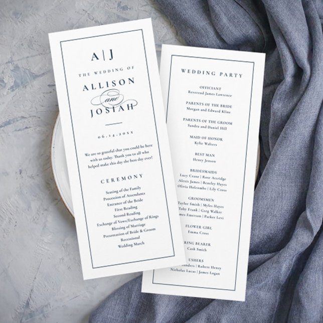 Programa Casamento Azul do Marinho Monograma Elegante (Elegant Navy Blue and White Wedding Programs with Monogram.)