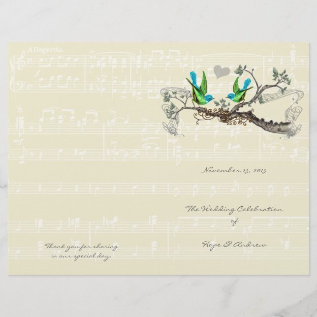 Programa Casamento Azul e Verde de Aves Vintage (Frente)
