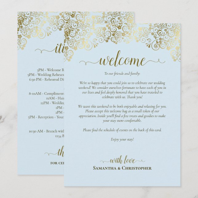 Programa Casamento Azul Pálido & Dourado - Boas-Vindas e It (Frente/Verso)