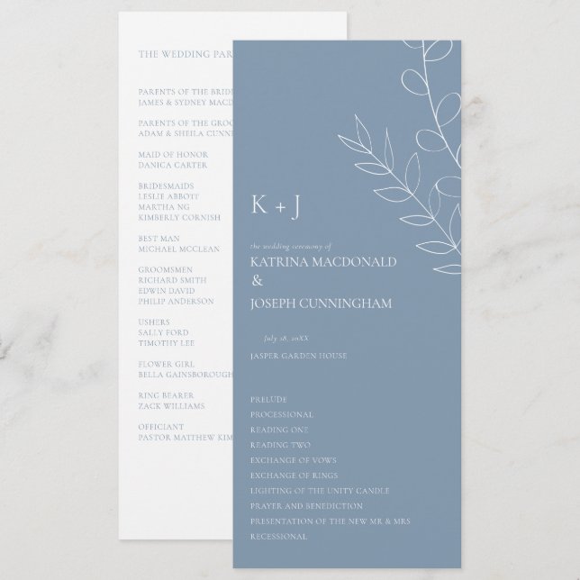 Programa Casamento Azul Poeirento Cerimônia Minimalista Ele (Frente/Verso)