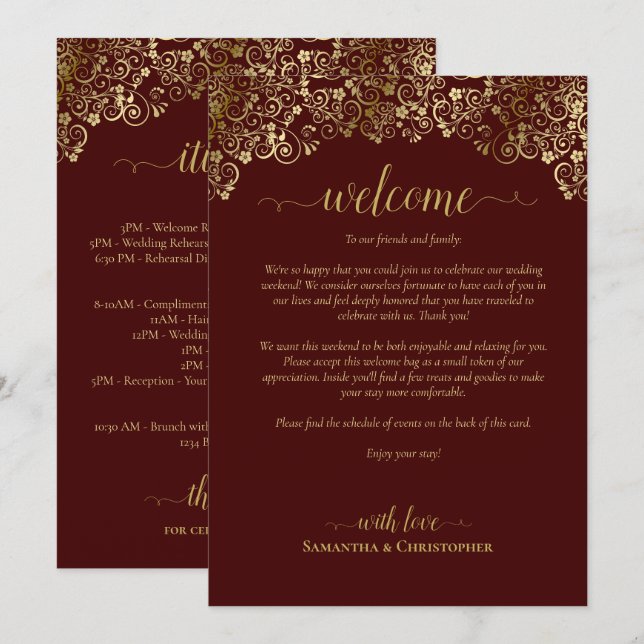 Programa Casamento Bege e Dourado Bem-vindo e Itinerário (Frente/Verso)