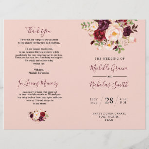 Programa Casamento Borgonha Blush Watercolor Flora