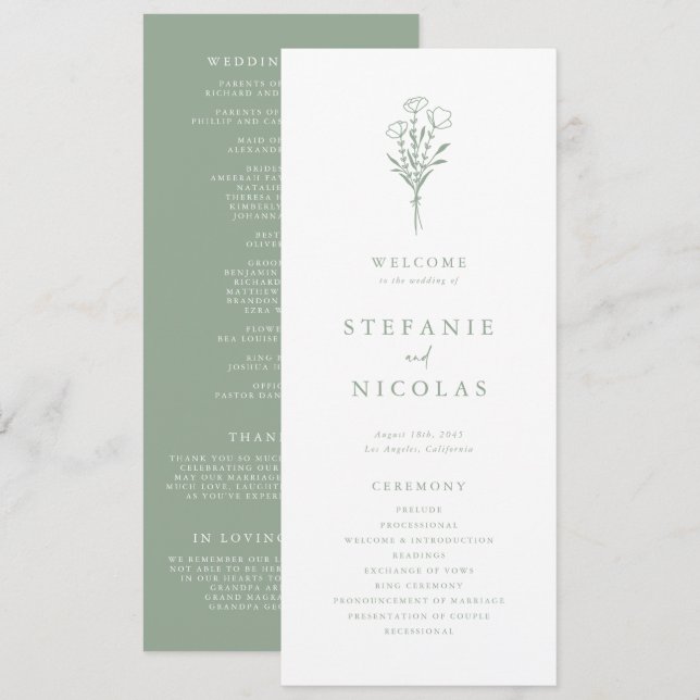 Programa Casamento Botânico Minimalista Boho Verde Salvia (Frente/Verso)