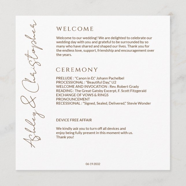 Programa Casamento Branca e Bronze Moderno Elegante (Frente)