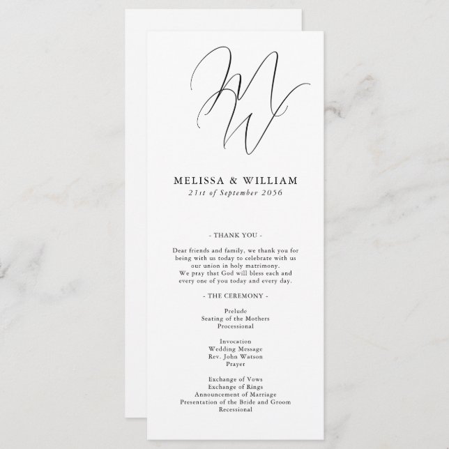 Programa Casamento Branco com Iniciais Modernos de Monogram (Frente/Verso)