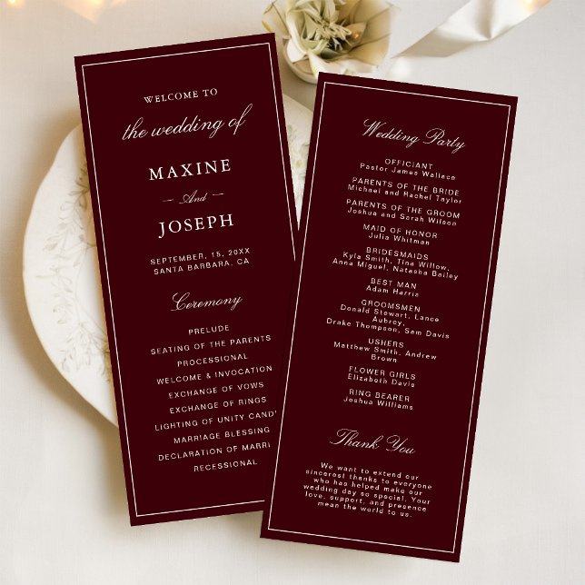 Programa Casamento Burgundy e Marfim Formal Elegante (Elegant burgundy and ivory wedding program shares your special day with classic elegance.)