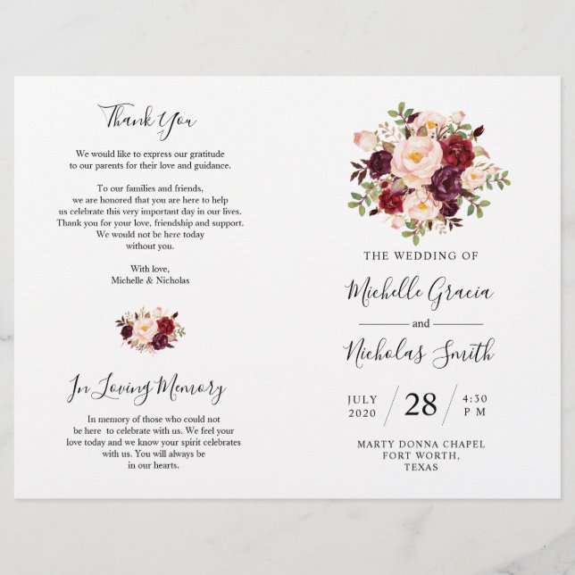 Programa Casamento Burgundy Watercolor Floral, FOL (Frente)