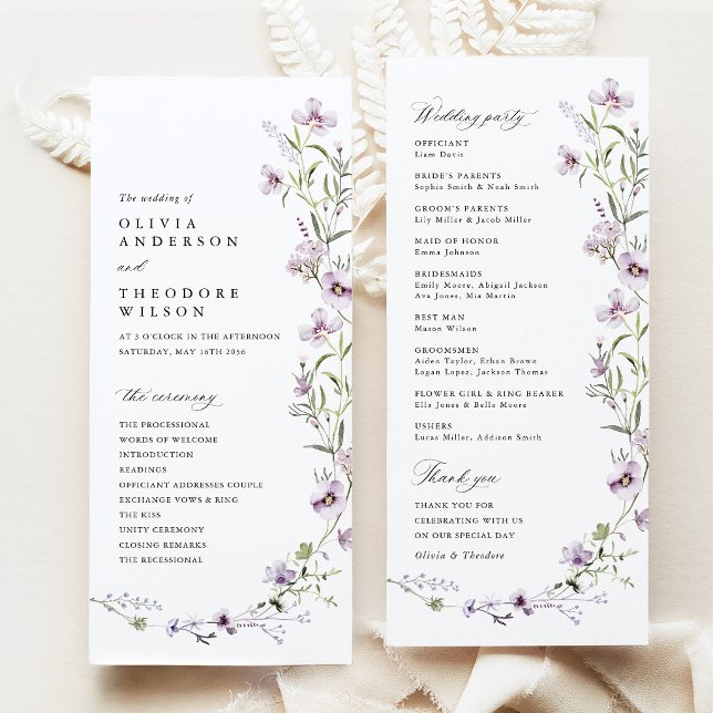 Programa Casamento Cerimônia de Flor Silvestre de Lavanda (Lavender Wildflower Wedding Program, Lilac Ceremony Program, Purple Floral Order of Wedding Party)