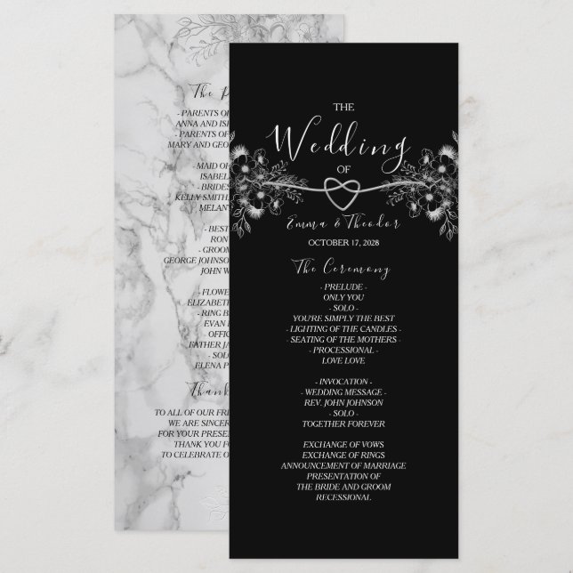 Programa Casamento Clássico Elegante Preto e Branco (Frente/Verso)