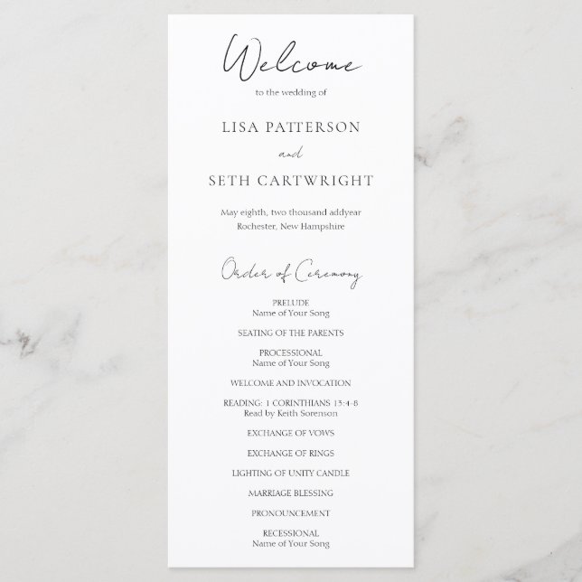 Programa Casamento Clássico Minimalista de Script Elegante  (Frente)