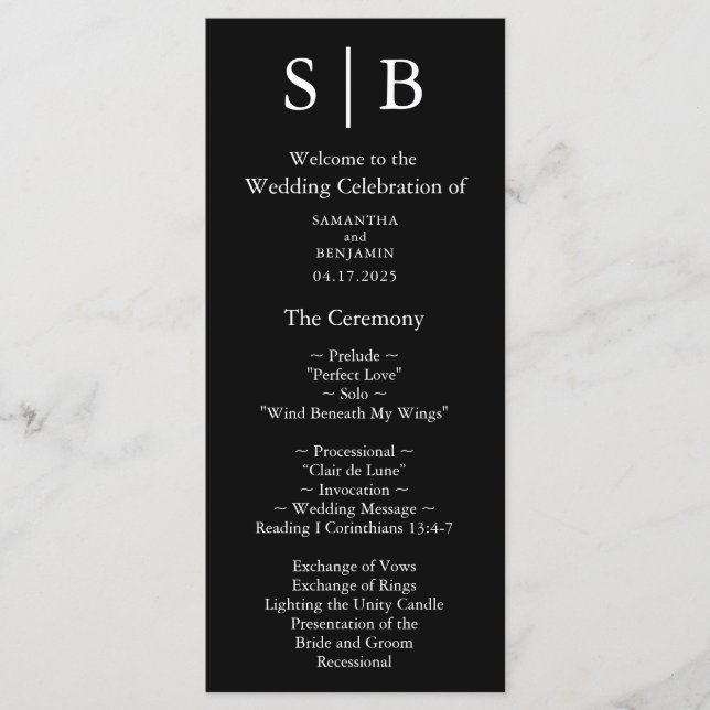 Programa Casamento Clássico Monograma Preto e Branco (Frente)