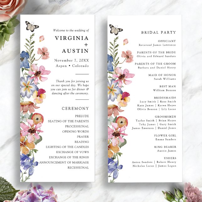 Programa Casamento Colorido de Flores Silvestres (Wildflower Colorful Watercolor Wedding Program by Painted Paperie
)